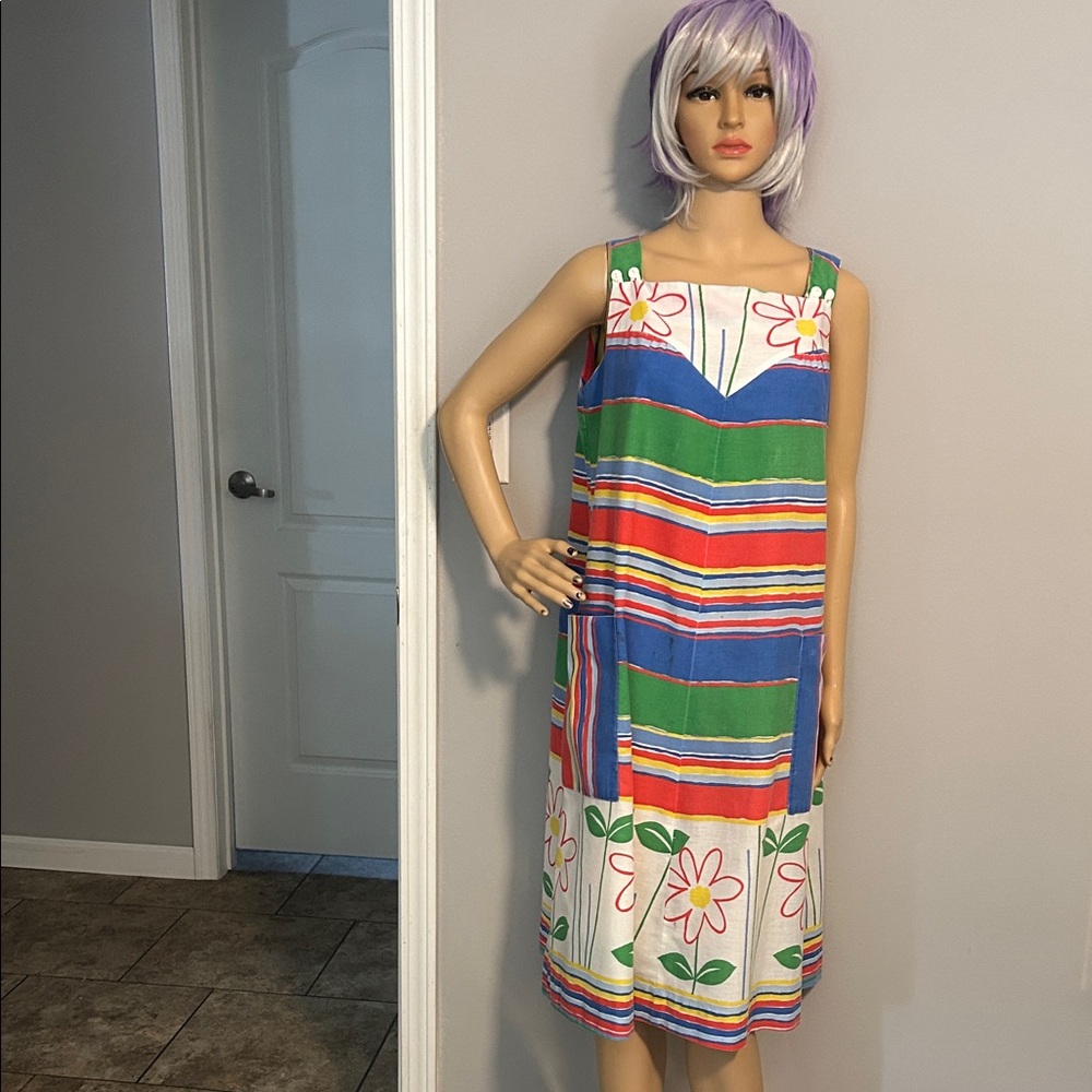 Krist  Gudnason 1970’s  Vintage Sleeveless Multicolor Floral Stripe Midi Dress